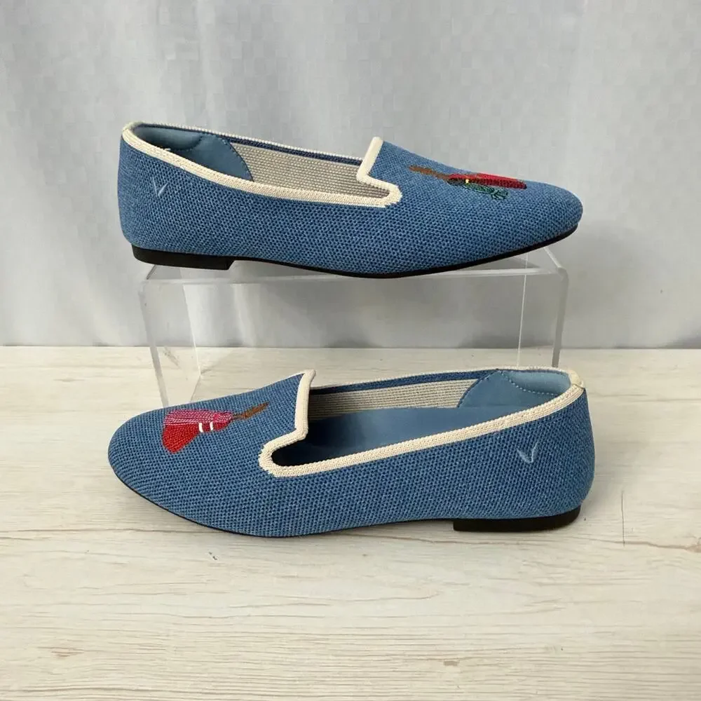 Vivaia Shoes Womens Size 6.5 Audrey Knit Flats Blue Tassel Embroidered 37